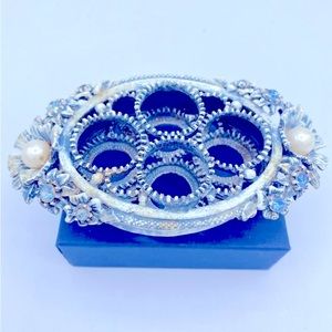 Vintage Florenza Signed Rhinestone And Faux Pearl Metal Footed Lipstick Holder